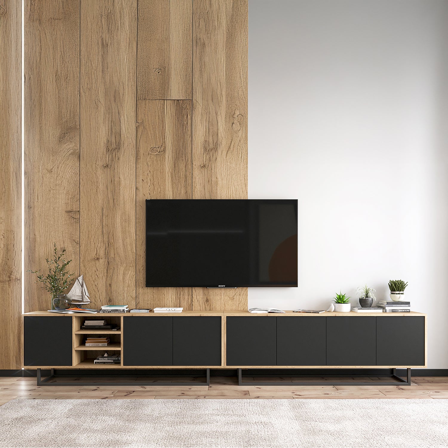 Apollo Modern TV Unit with Open Shelving and Metal Base – Black / Oak Wotan
