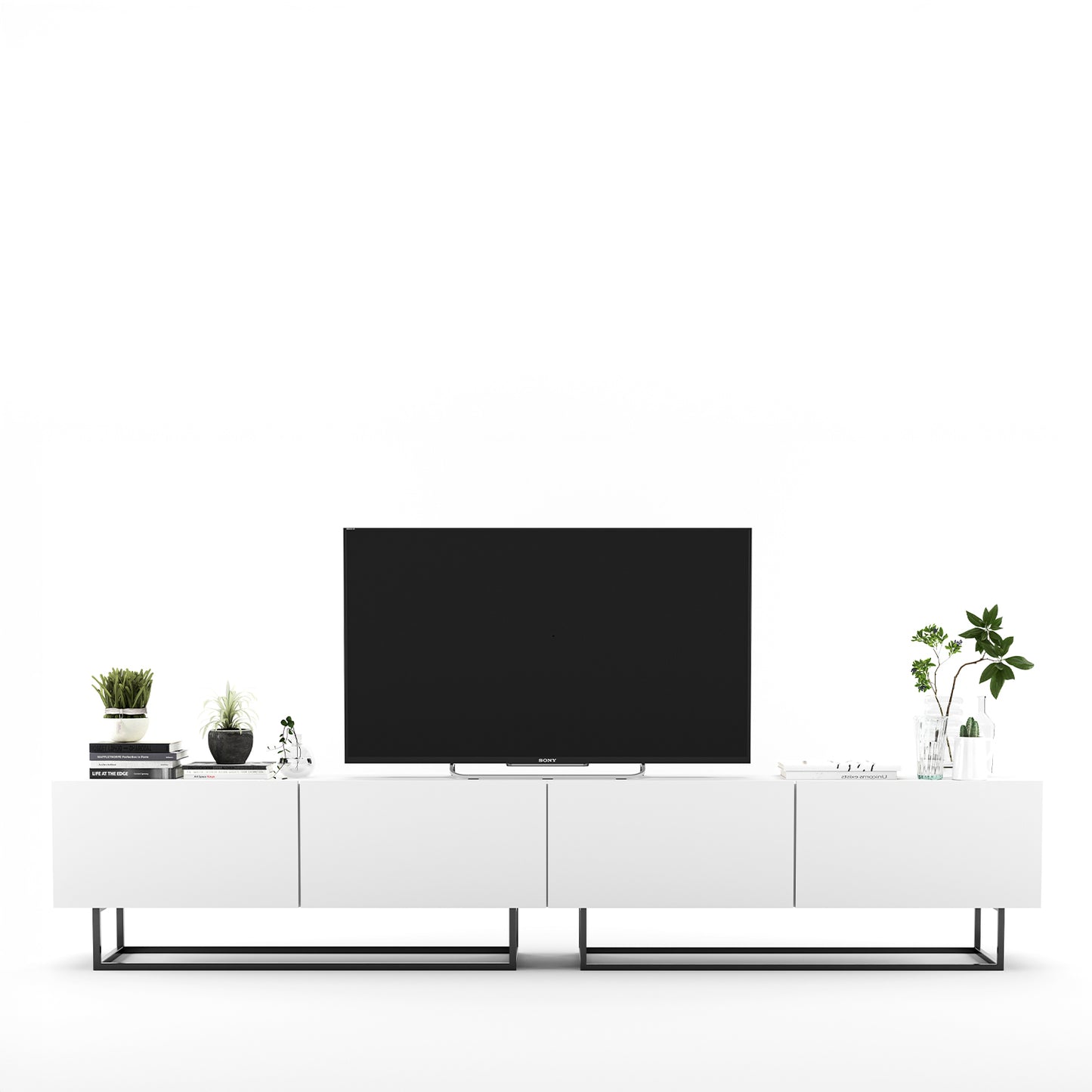 Enjoy Minimalist Freestanding TV Unit with Metal Base 4-Door Wide Design - White