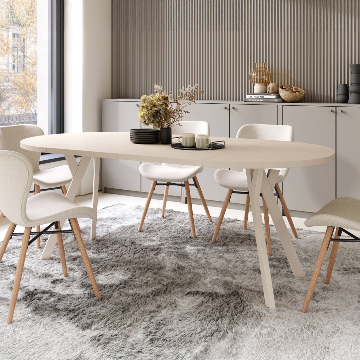 Aldo Modern Round to Oval Extendable Table – Beige
