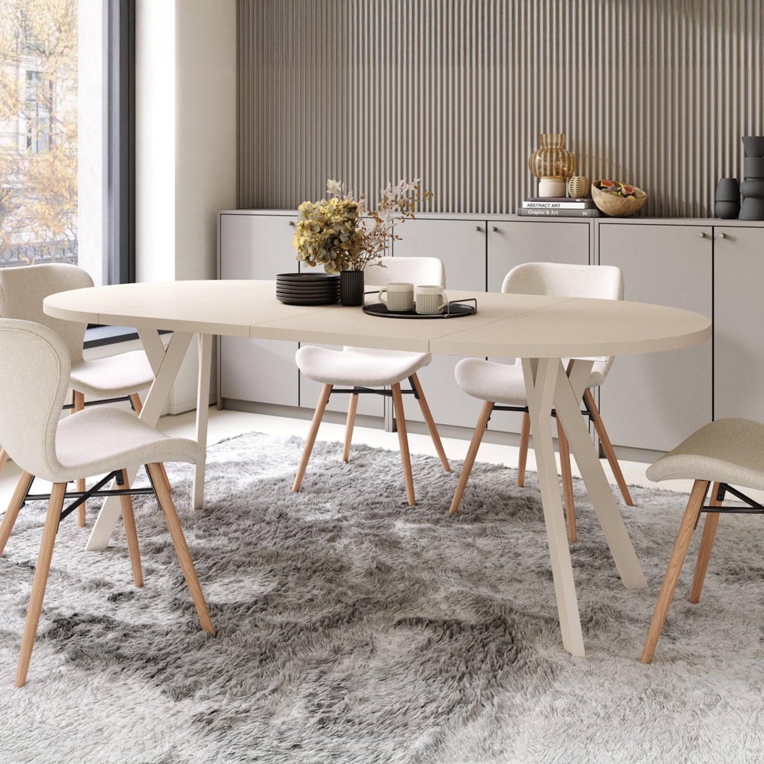 Aldo Modern Round to Oval Extendable Table – Beige
