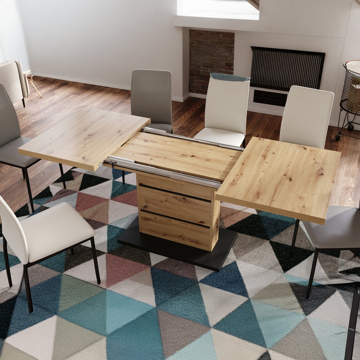 Piano Extendable Dining Table Modern Design - Artisan Oak / Black