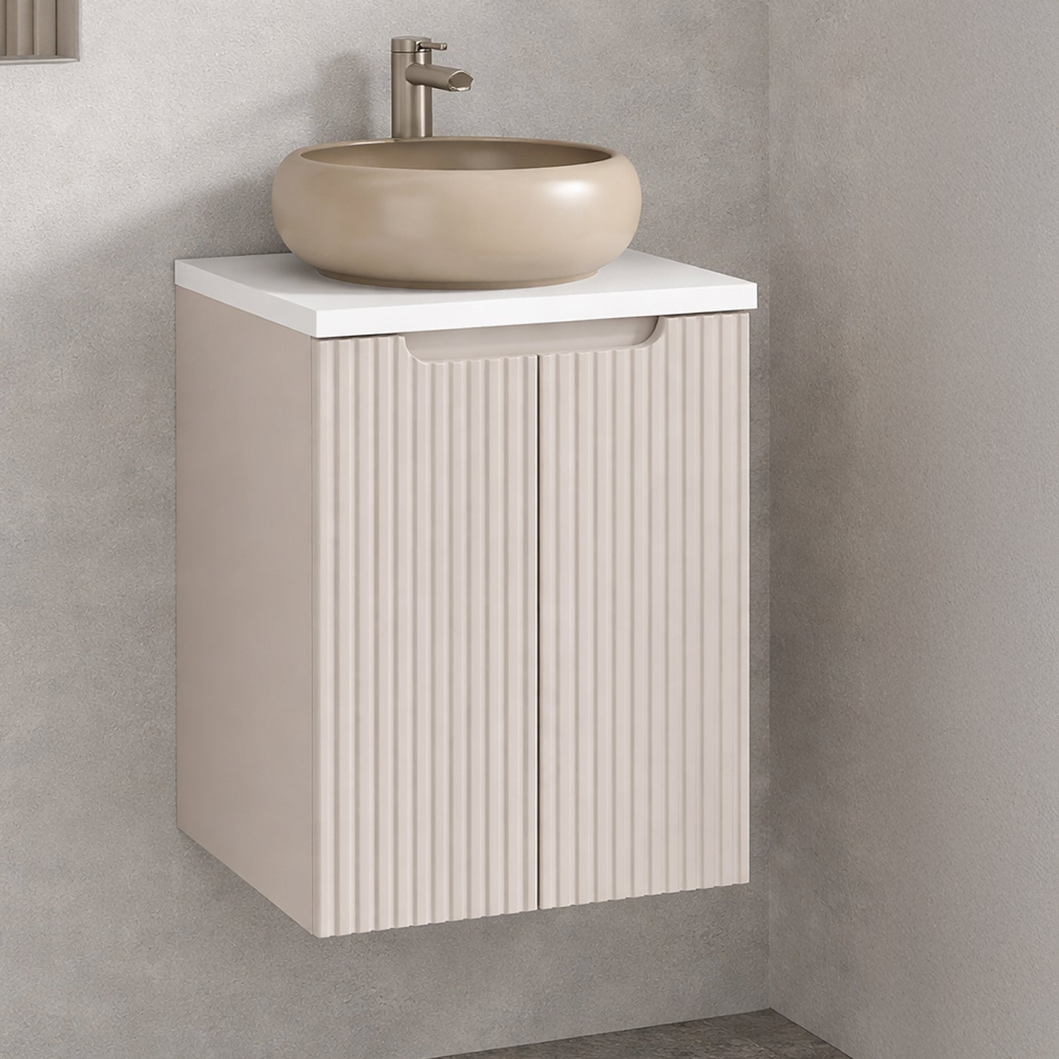 Noca Bathroom Cabinet with Doors 50cm with White Worktop and Countertop Basin – Cashmere