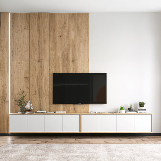 Apollo Modern Wall-Mounted Wide TV Unit – White/ Oak Wotan