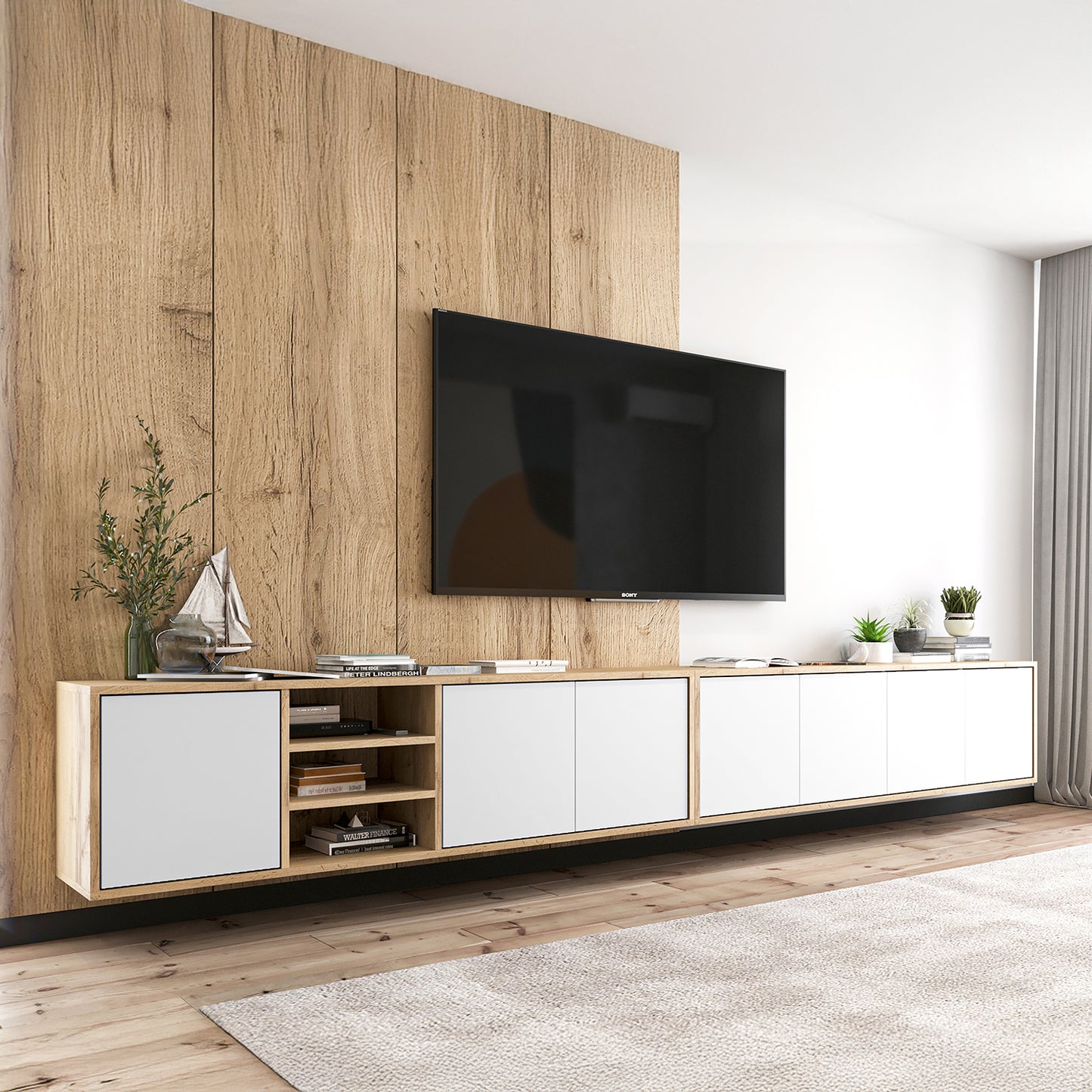 Apollo Modern Wall-Mounted Wide TV Unit with Open Shelving – White / Oak Wotan