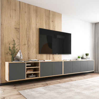 Apollo Modern Wall-Mounted Wide TV Unit with Open Shelving – Grey / Oak Wotan