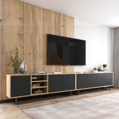 Apollo Modern TV Unit with Open Shelving and Metal Base – Black / Oak Wotan