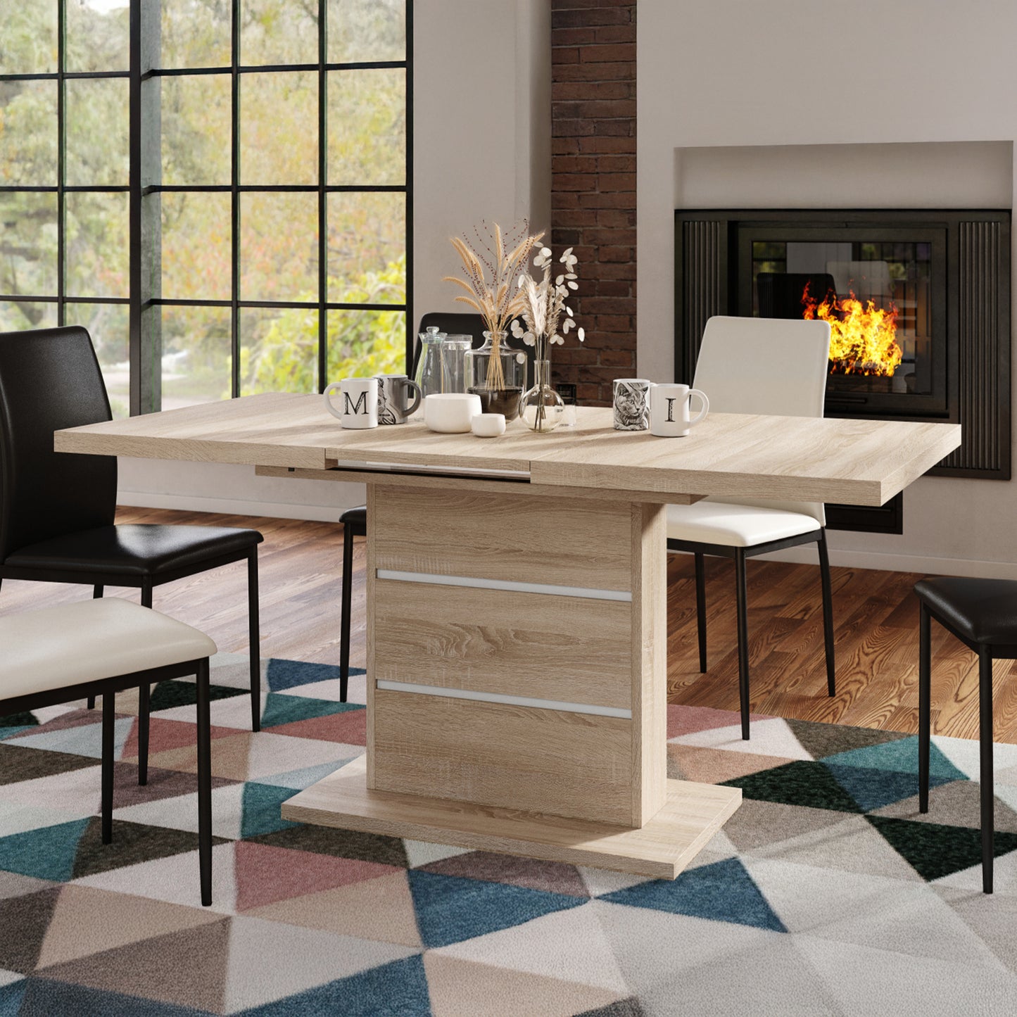 Piano Extendable Dining Table Modern Design - Sonoma Oak / White