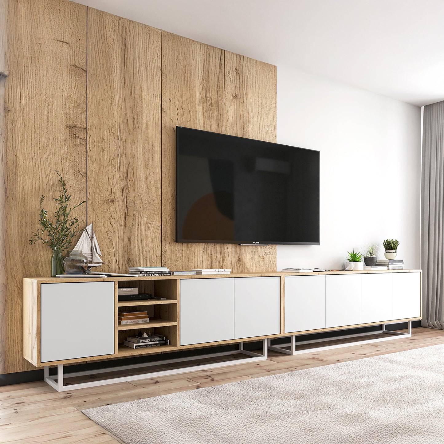 Apollo Modern TV Unit with Open Shelving and Metal Base – White / Oak Wotan