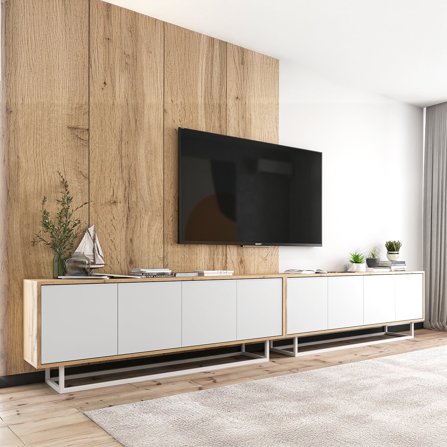 Apollo Modern TV Unit with Metal Base – White / Oak Wotan