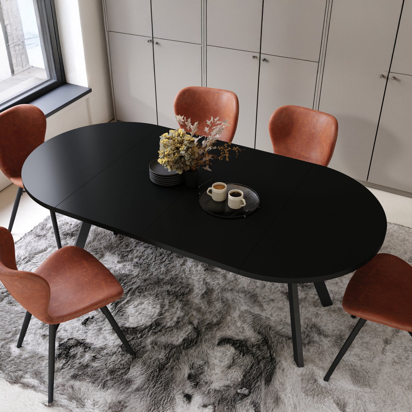 Aldo Modern Round to Oval Extendable Table – Black