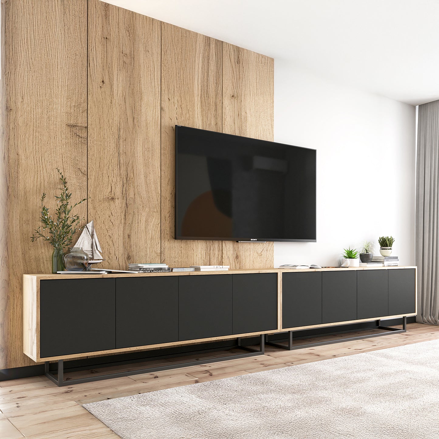 Apollo Modern TV Unit with Metal Base – Black / Oak Wotan