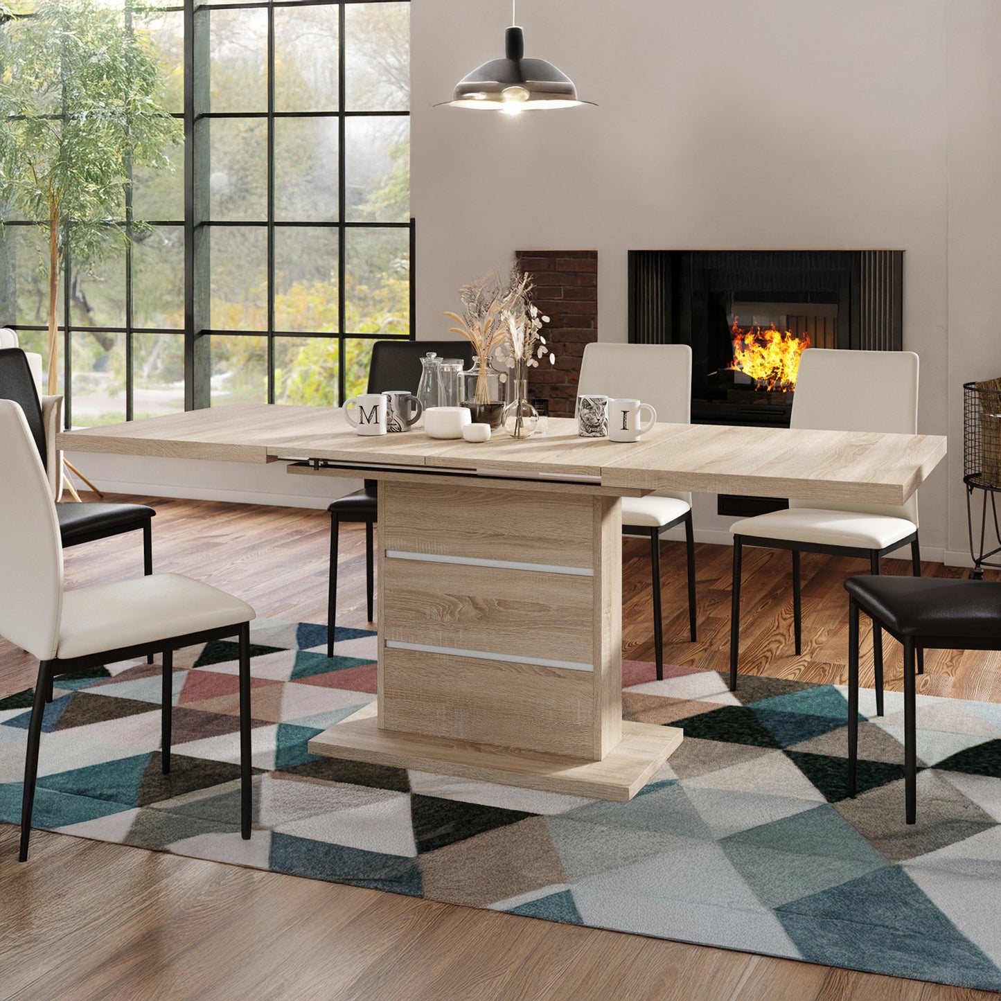 Piano Extendable Dining Table Modern Design - Sonoma Oak / White