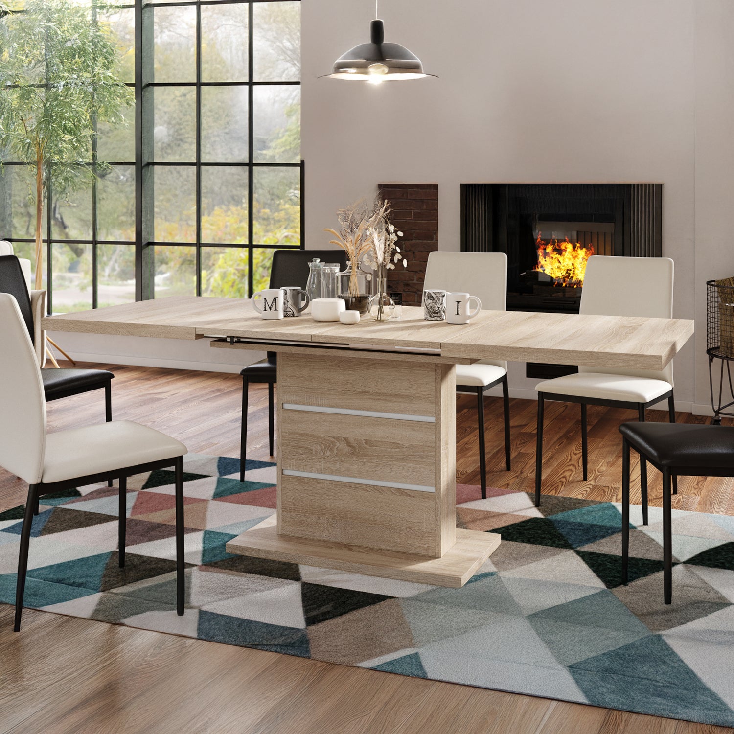 Piano Extendable Dining Table Modern Design - Sonoma Oak / White