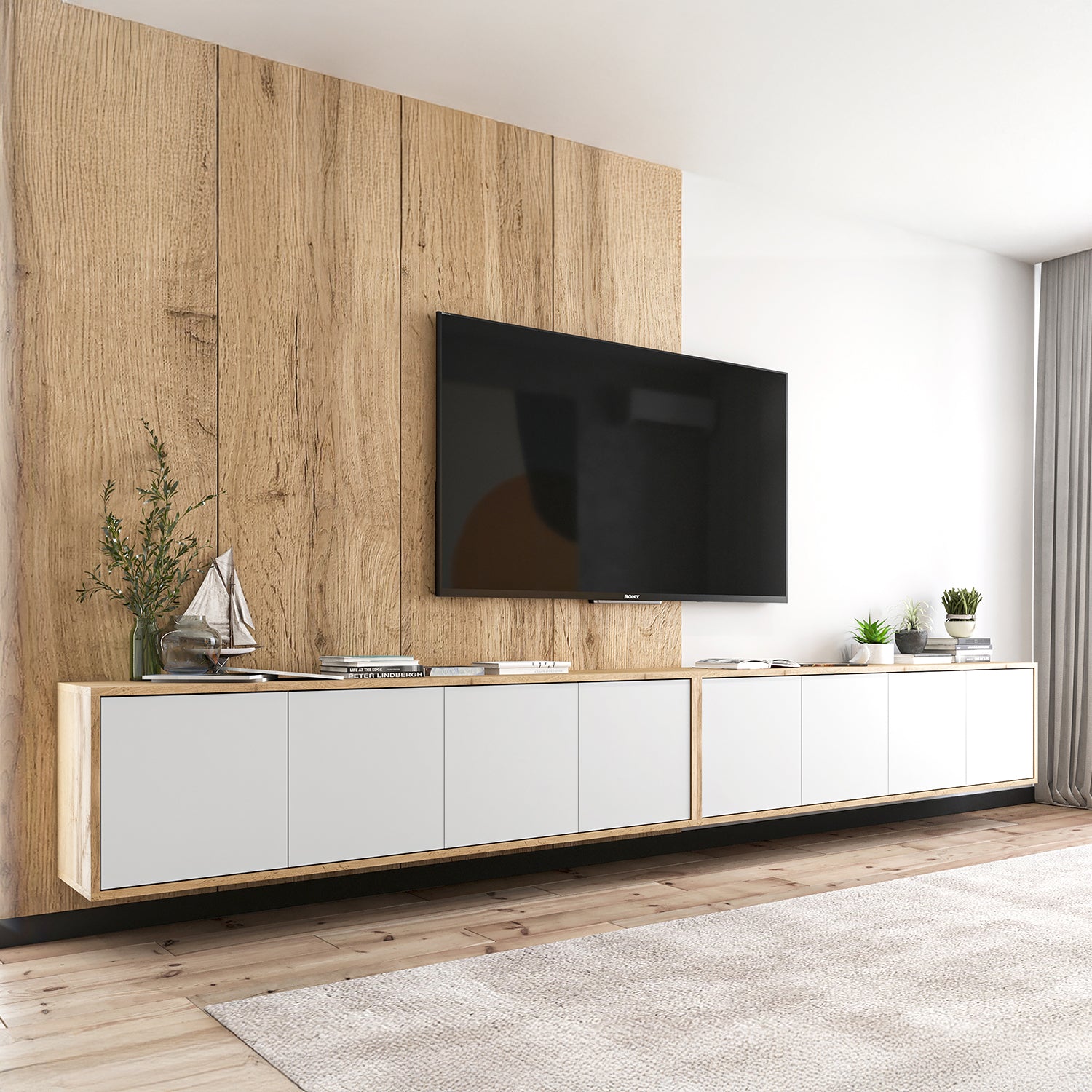 Apollo Modern Wall-Mounted Wide TV Unit – White/ Oak Wotan