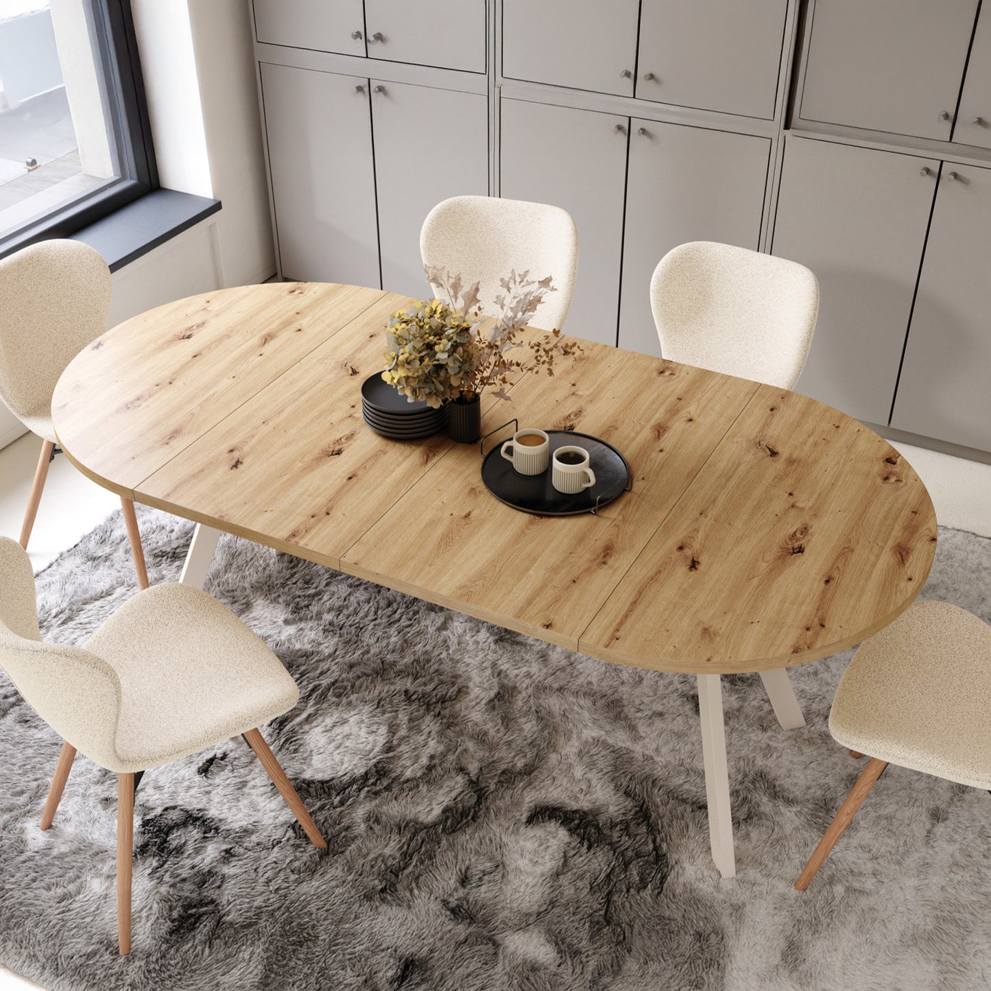 Aldo Modern Round to Oval Extendable Table – Artisan Oak / Beige