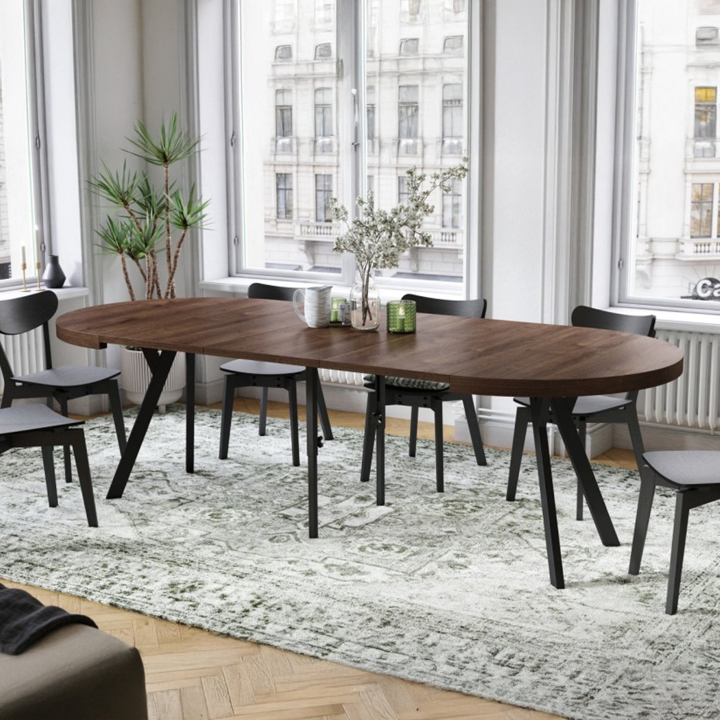Expanso Round Extendable Dining Table with Y-Legs Loft - Brown Oak / Black