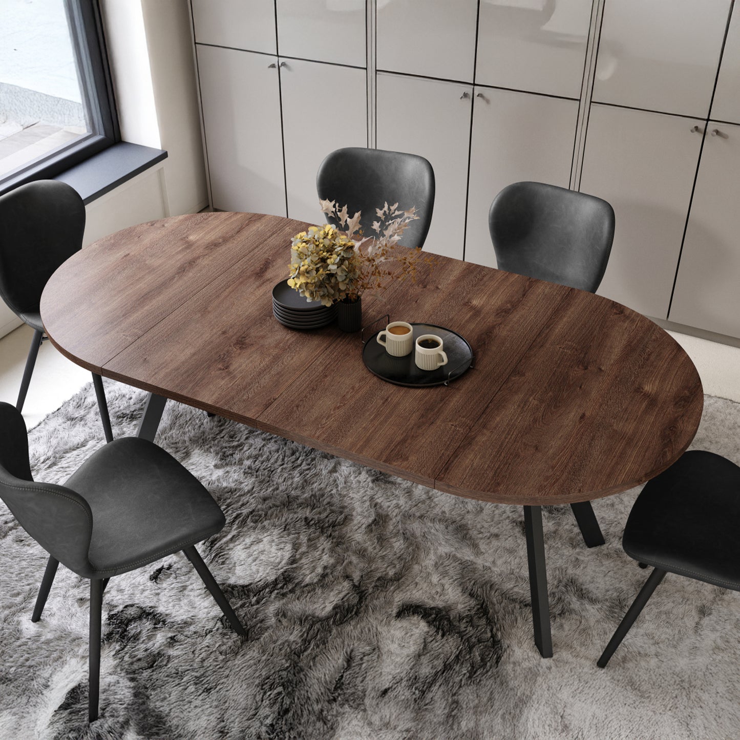 Aldo Modern Round to Oval Extendable Table – Brown / Black