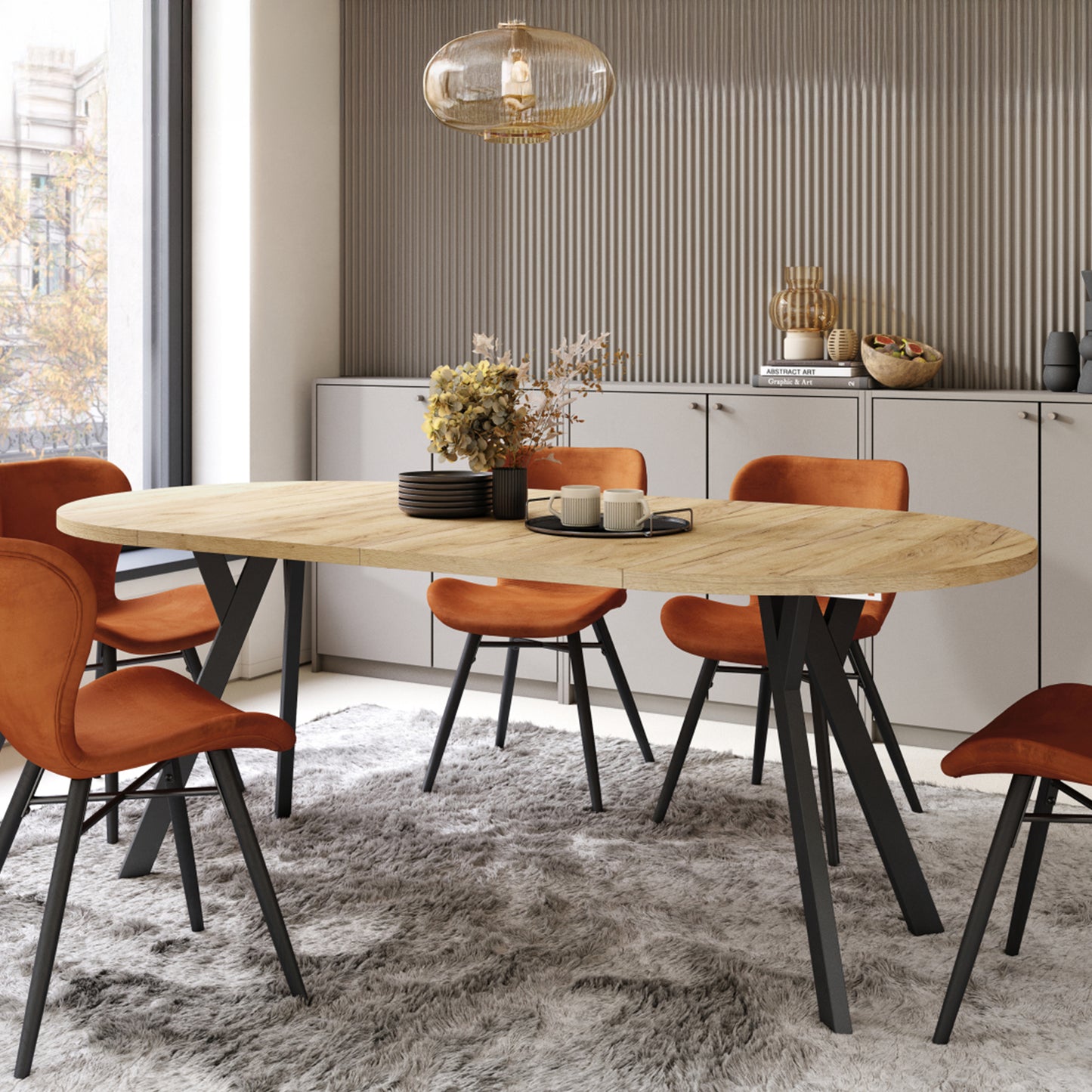 Aldo Modern Round to Oval Extendable Table – Gold Craft Oak / Black