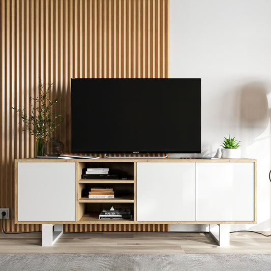 Apollo Modern TV Unit with Open Shelving and Metal Legs - White / Oak Wotan