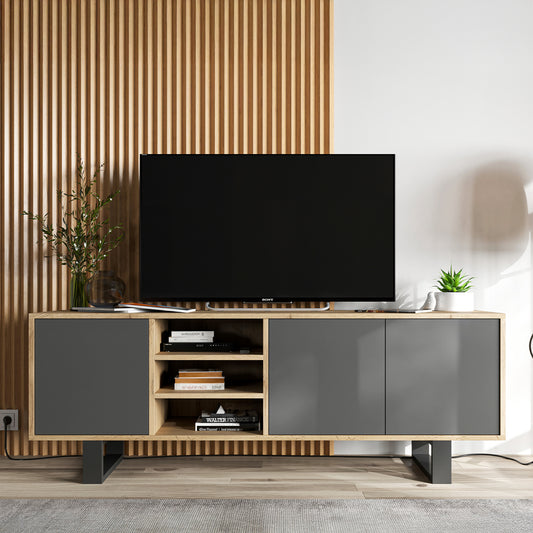 Apollo Modern TV Unit with Open Shelving and Metal Legs - Grey / Oak Wotan