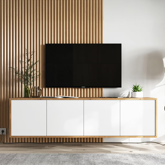 Apollo Modern Wall-Mounted TV Unit with 4 Door Design – White / Oak Wotan