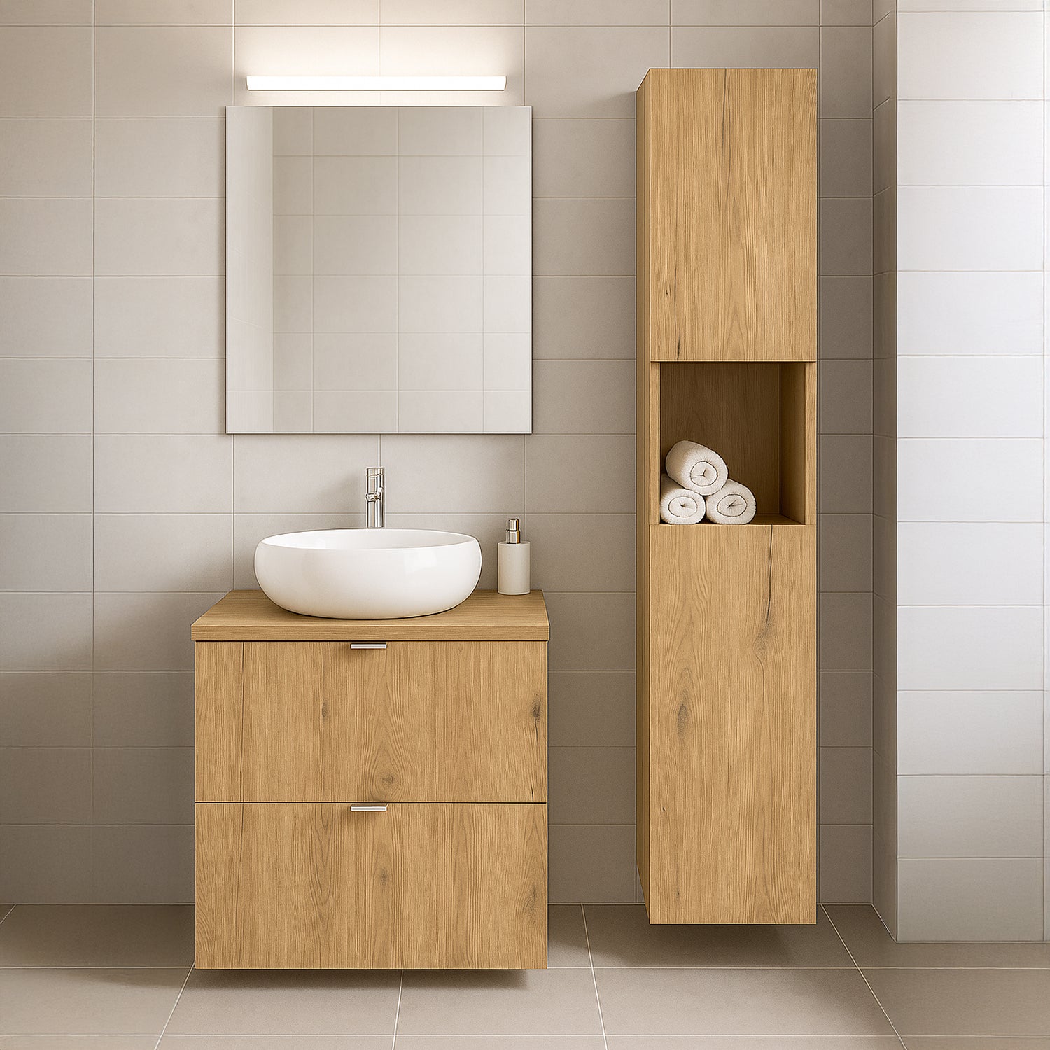 Dove Bathroom Vanity Cabinets Set with Round Worktop Basin 60cm and Tall Cabinet - Evoke Oak