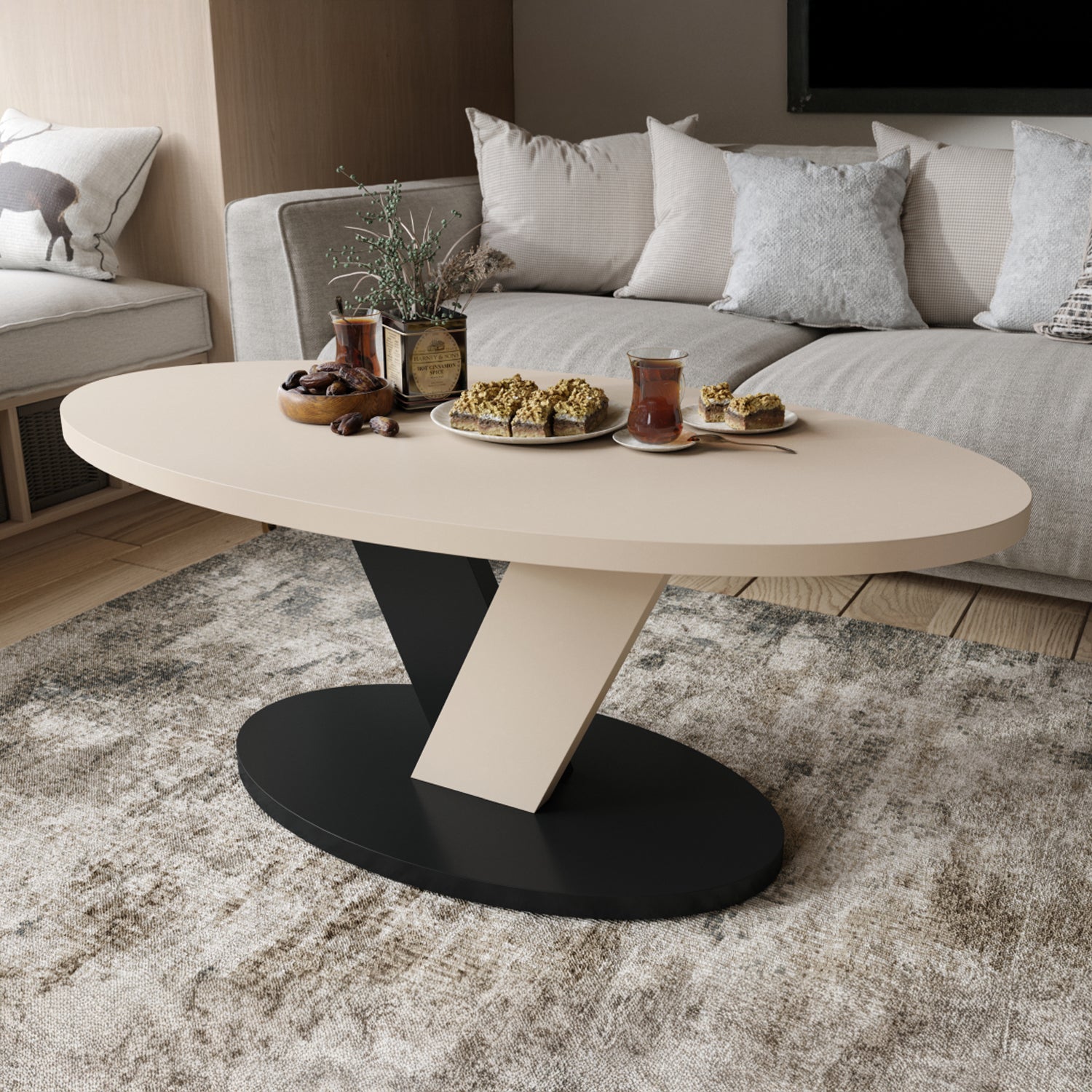 Lova Modern Coffee Table Oval Design - Beige / Black