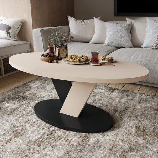 Lova Modern Coffee Table Oval Design - Beige / Black