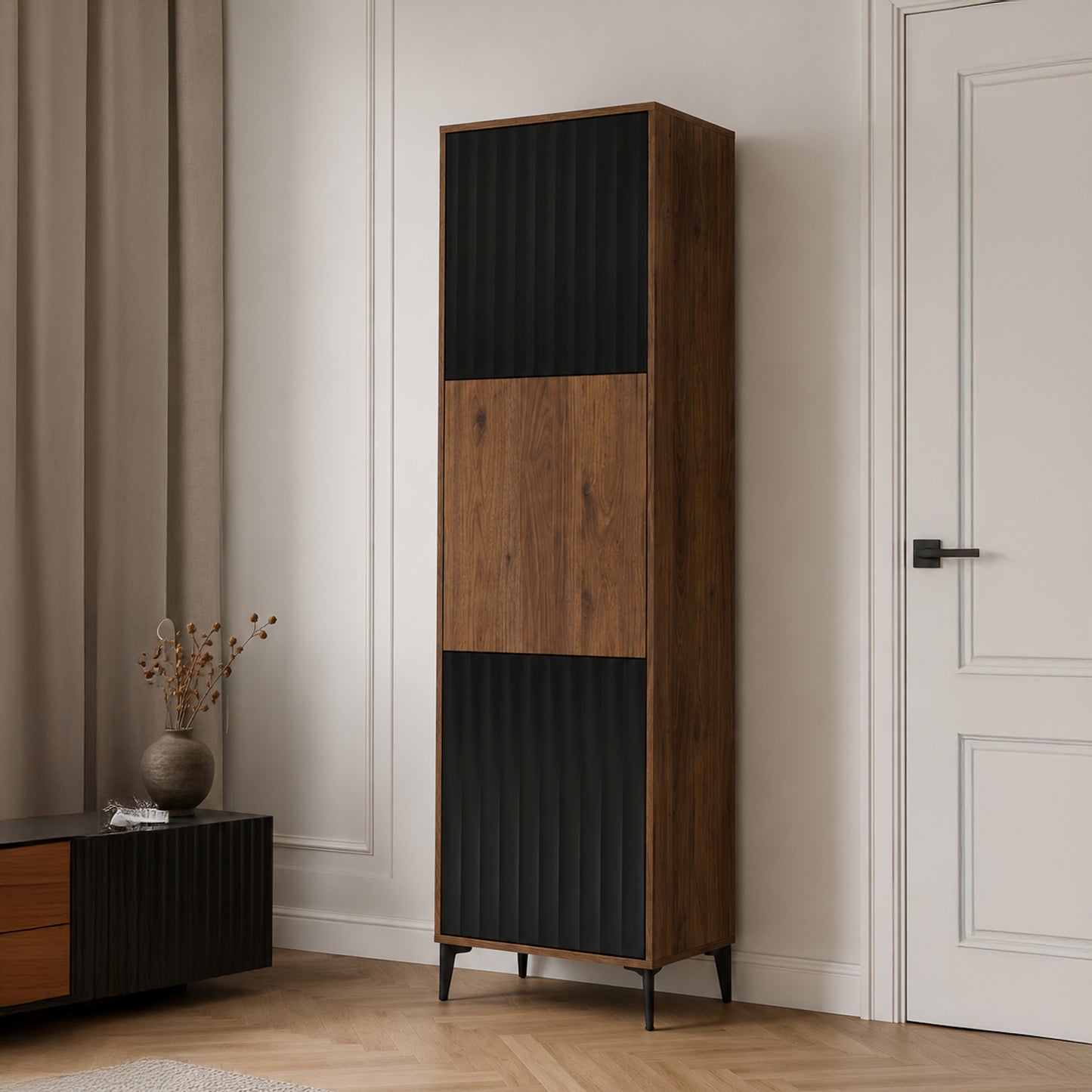 Rimini Premium Tall Cabinet with Textured Fronts - Elegant Oak / Black