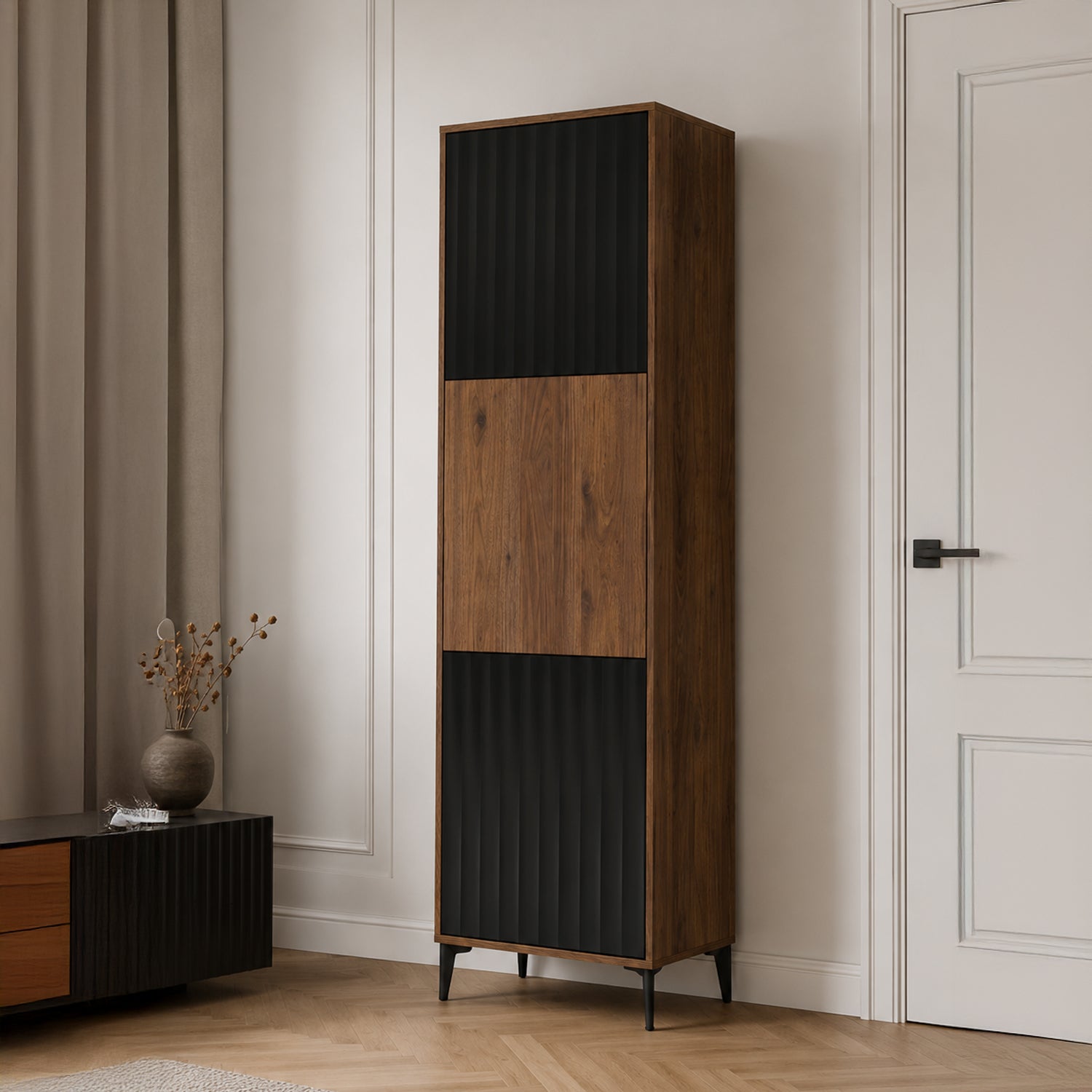 Rimini Premium Tall Cabinet with Textured Fronts - Elegant Oak / Black