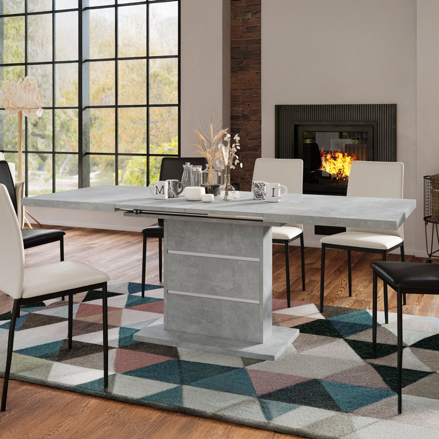 Piano Extendable Dining Table Modern Design - Concrete / White