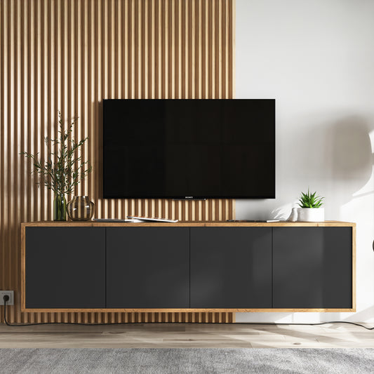 Apollo Modern Wall-Mounted TV Unit with 4 Door Design – Black / Oak Wotan