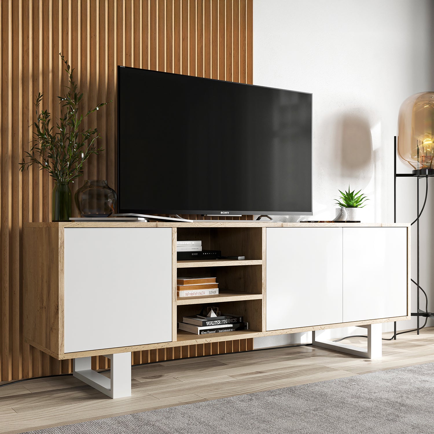 Apollo Modern TV Unit with Open Shelving and Metal Legs - White / Oak Wotan
