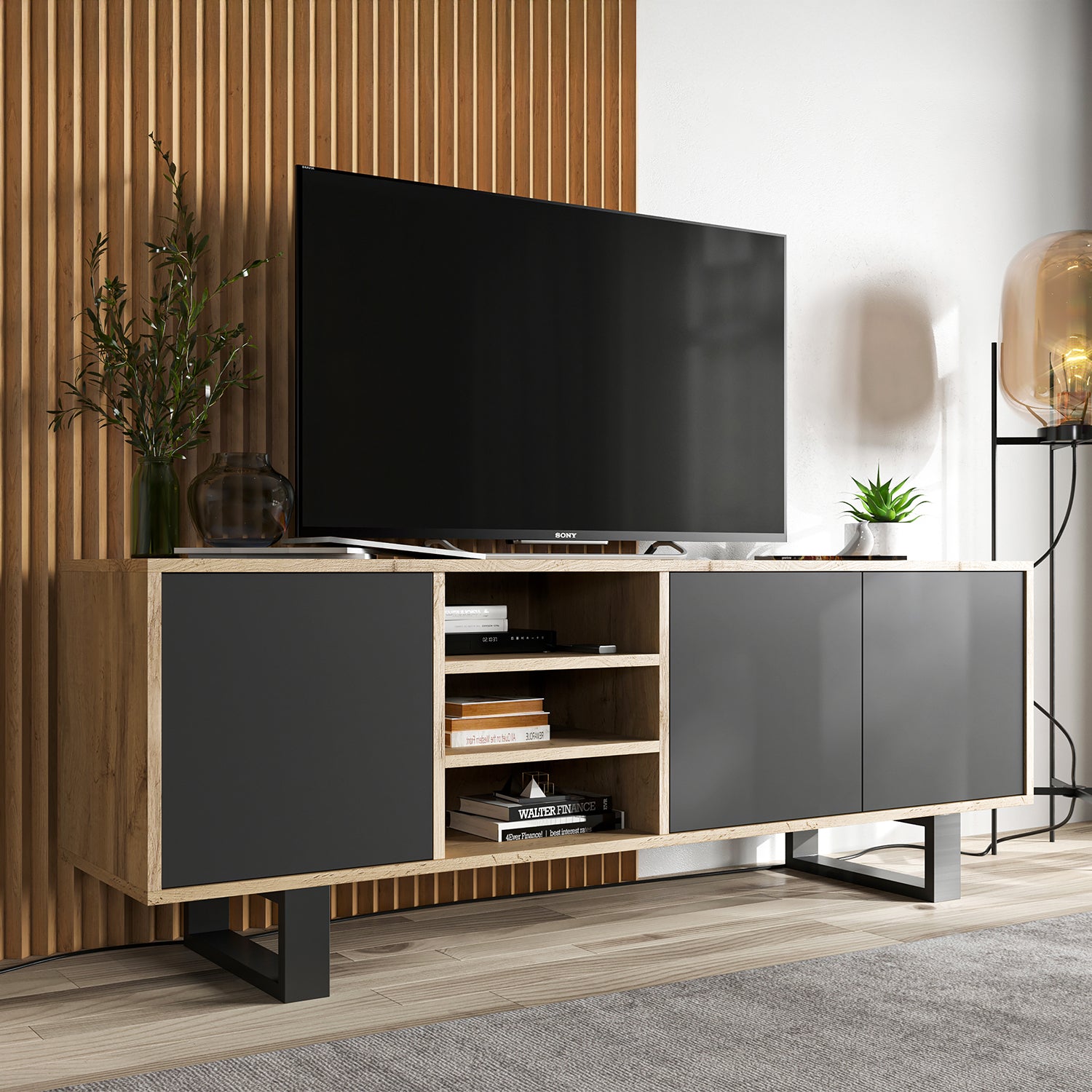 Apollo Modern TV Unit with Open Shelving and Metal Legs - Grey / Oak Wotan