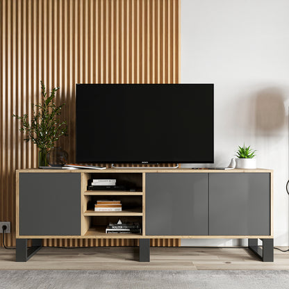 Apollo Modern TV Unit with Open Shelving and Three Metal Legs - Grey / Oak Wotan