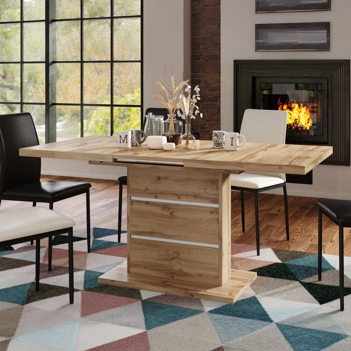 Piano Extendable Dining Table Modern Design - Wotan Oak / White