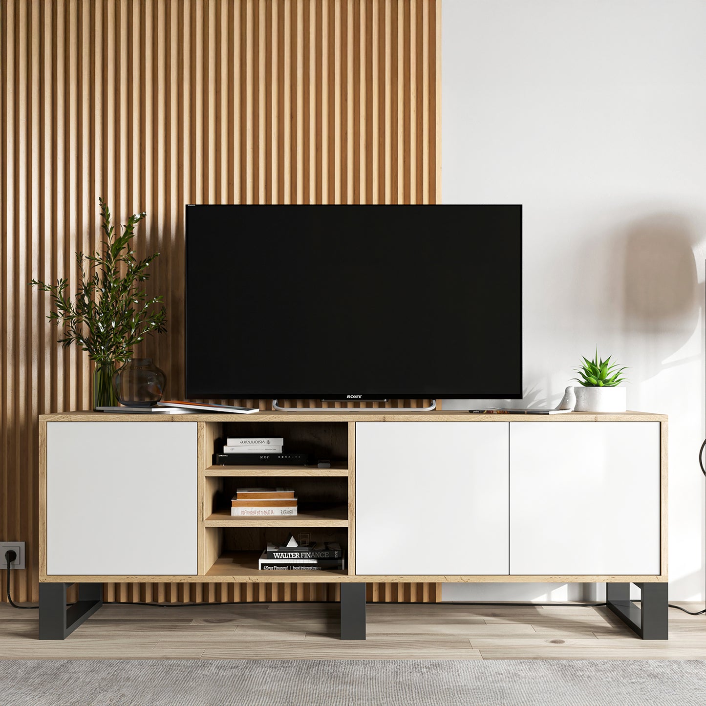Apollo Modern TV Unit with Open Shelving and Three Metal Legs - White / Oak Wotan