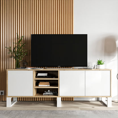 Apollo Modern TV Unit with Open Shelving and Three Metal Legs - White / Oak Wotan