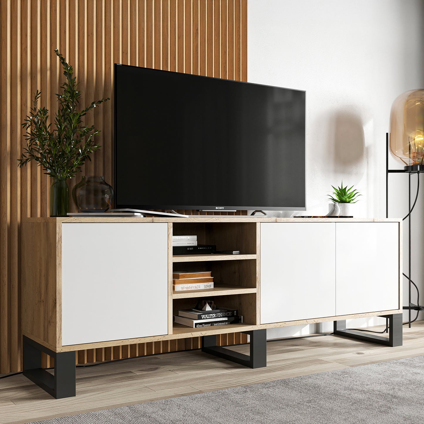 Apollo Modern TV Unit with Open Shelving and Three Metal Legs - White / Oak Wotan