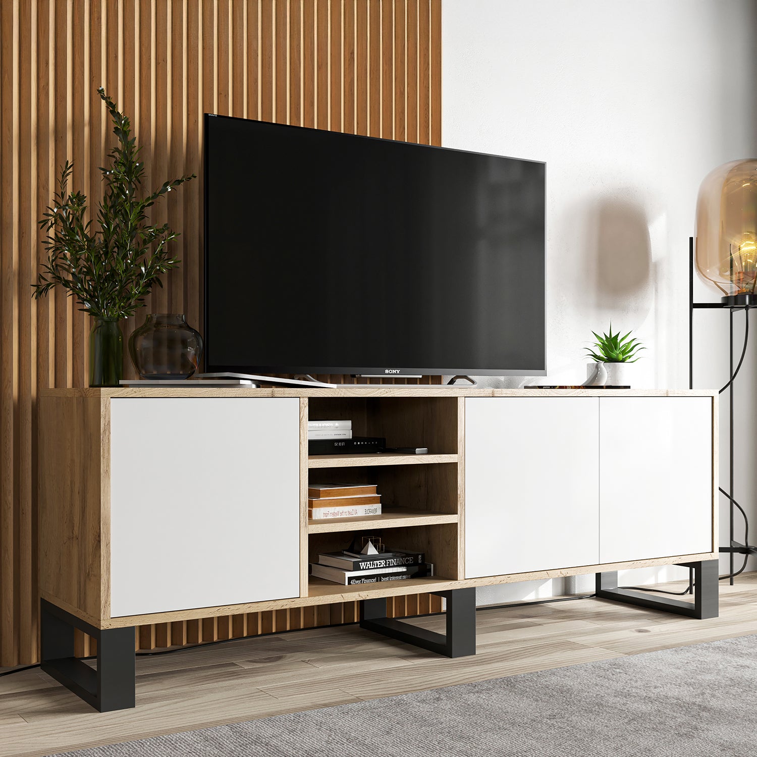 Apollo Modern TV Unit with Open Shelving and Three Metal Legs - White / Oak Wotan