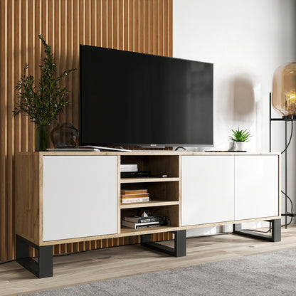 Apollo Modern TV Unit with Open Shelving and Three Metal Legs - White / Oak Wotan