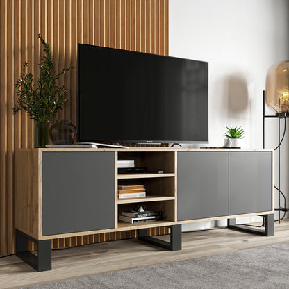 Apollo Modern TV Unit with Open Shelving and Three Metal Legs - Grey / Oak Wotan