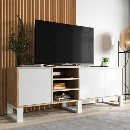 Apollo Modern TV Unit with Open Shelving and Three Metal Legs - White / Oak Wotan