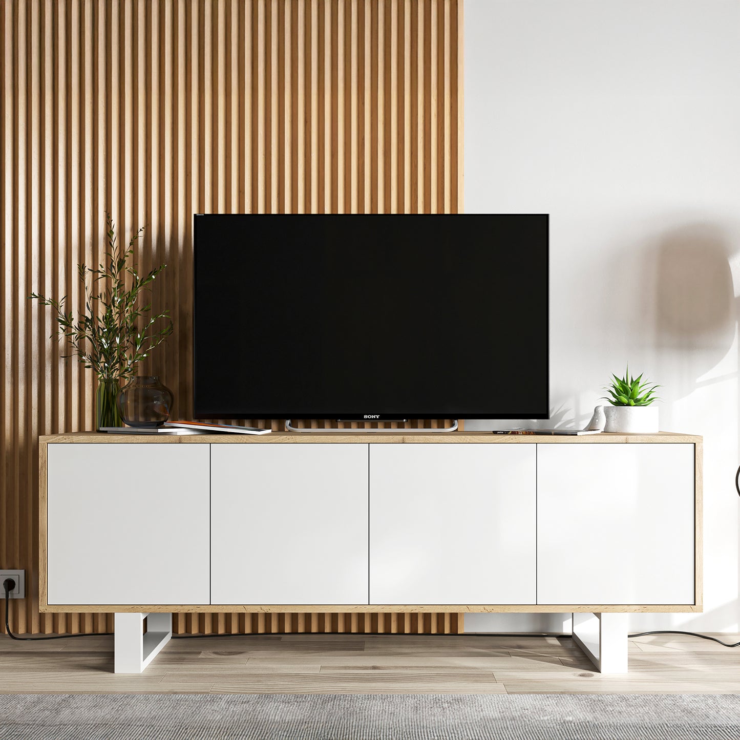 Apollo Modern TV Unit with 4-Door Design and Metal Legs – White / Oak Wotan