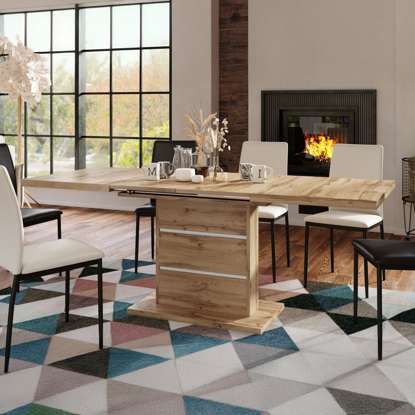 Piano Extendable Dining Table Modern Design - Wotan Oak / White