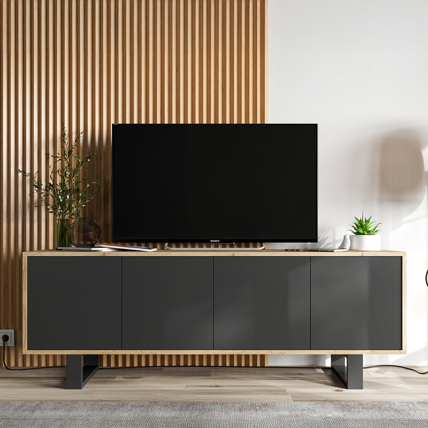Apollo Modern TV Unit with 4-Door Design and Metal Legs – Black / Oak Wotan