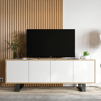 Apollo Modern TV Unit with 4-Door Design and Metal Legs – White / Oak Wotan