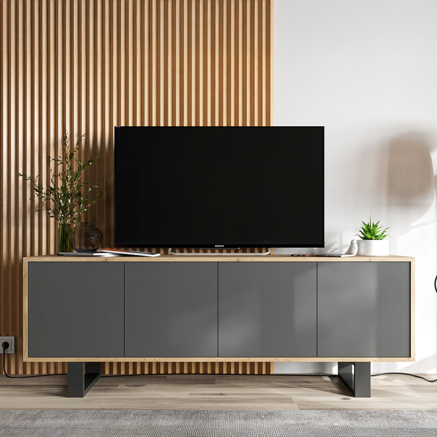 Apollo Modern TV Unit with 4-Door Design and Metal Legs – Grey / Oak Wotan