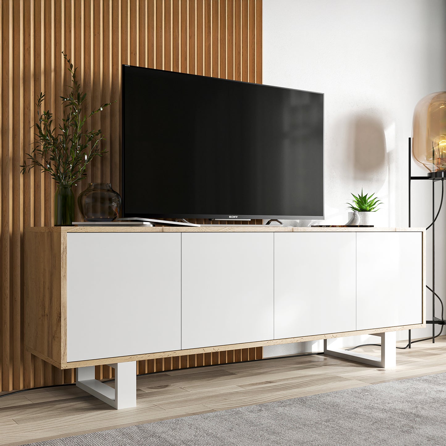 Apollo Modern TV Unit with 4-Door Design and Metal Legs – White / Oak Wotan