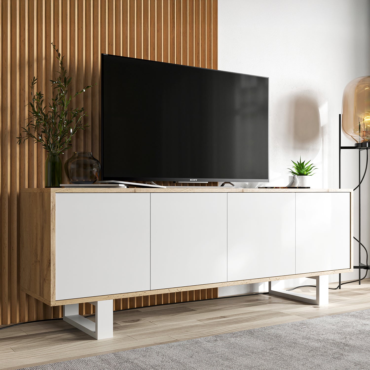 Apollo Modern TV Unit with 4-Door Design and Metal Legs – White / Oak Wotan